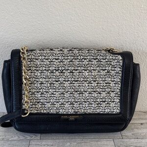 Karl Lagerfeld Black Leather & Cream Tweed Chain Shoulder Bag